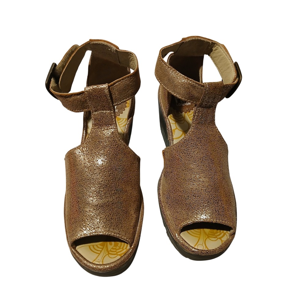 Fly London Wedge Sandals Women Metallic Bronze Ankle Strap Peep‎ Toe Size 36